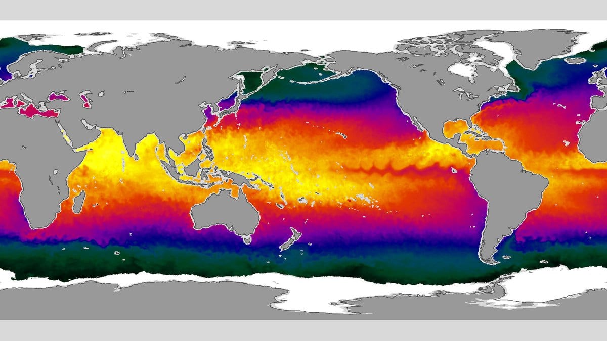 A world map of ocean temperature from satellite data, with warm yellow and orange water across the tropical Pacific and tropical Atlantic and cooler blue and purple water toward the poles.