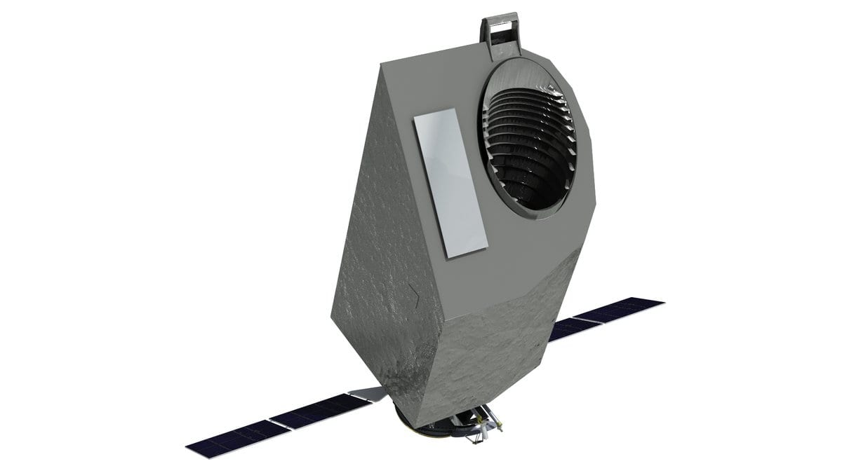 Gray computer rendering of the boxy UVEX spacecraft, with a cylindrical telescope baffle on top and two solar panels extending from its sides.