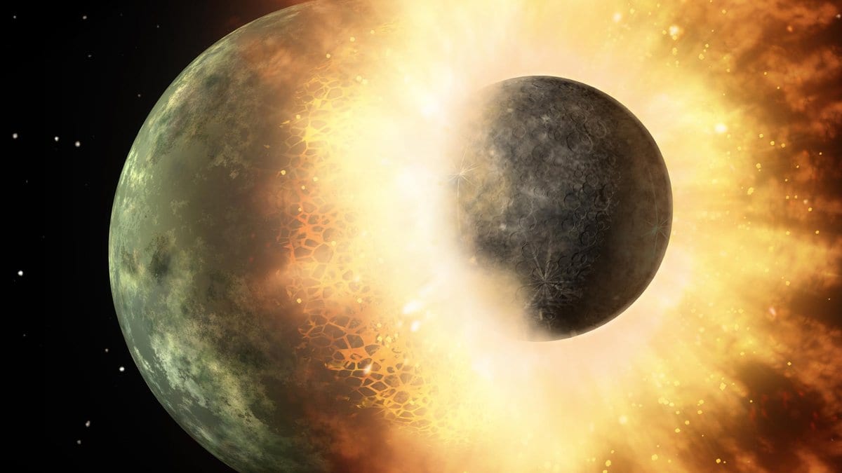 A rendering of two rocky planetary bodies colliding, molten debris spraying out between them against black space.