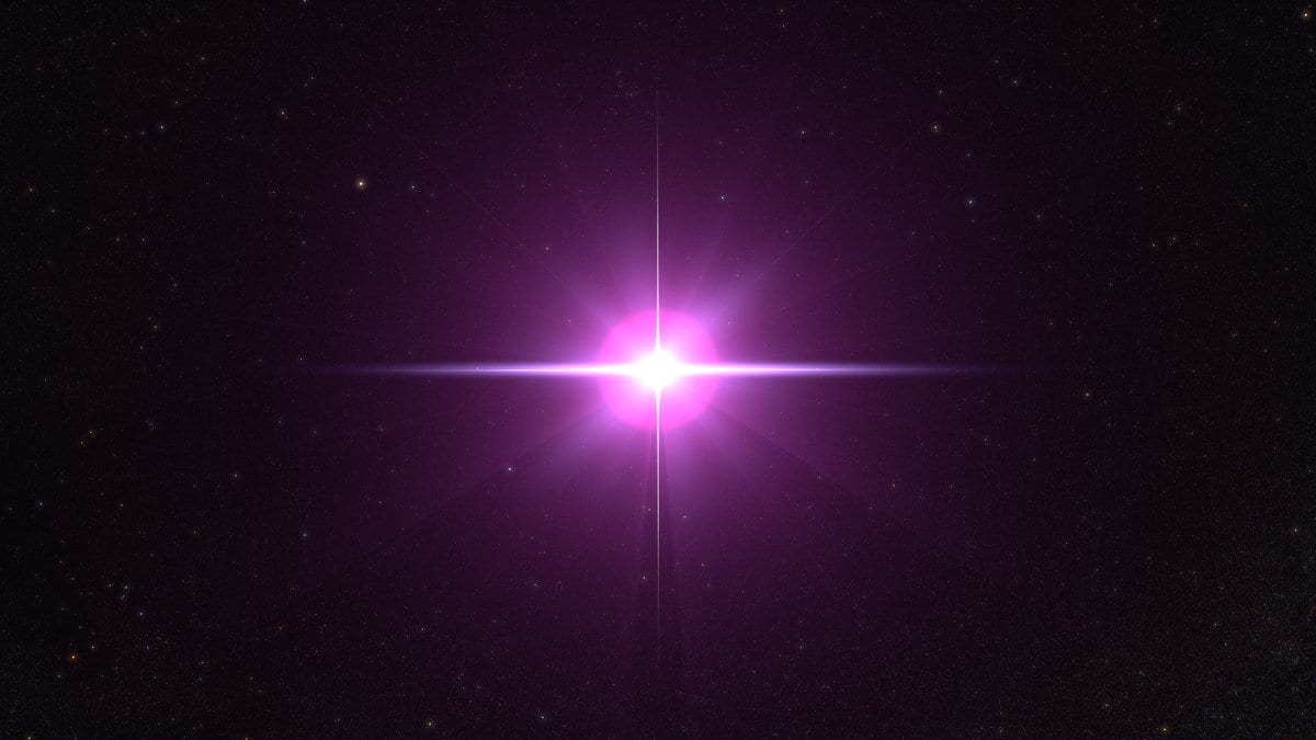 Visualization of a distant gamma-ray burst shown as a brilliant point of light with crossed beams against a field of stars.
