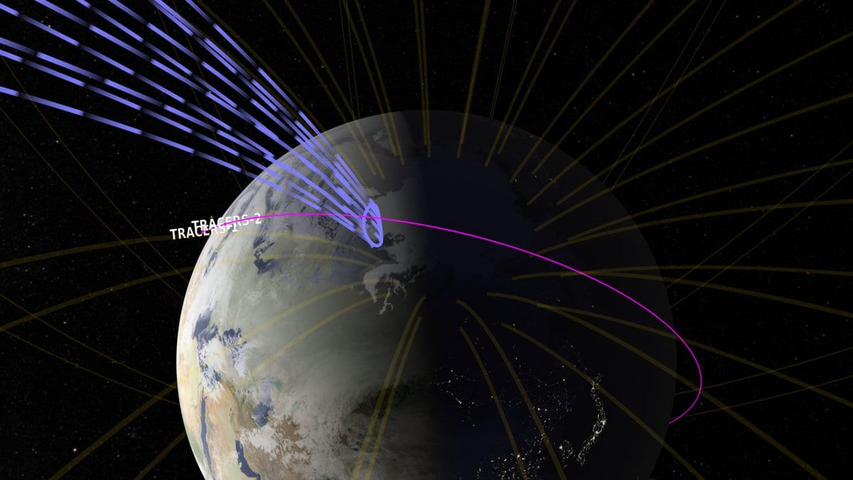 A visualization of Earth from space with yellow magnetic field lines, a purple funnel over the northern polar region, and a magenta orbit track labeled for the two TRACERS satellites.