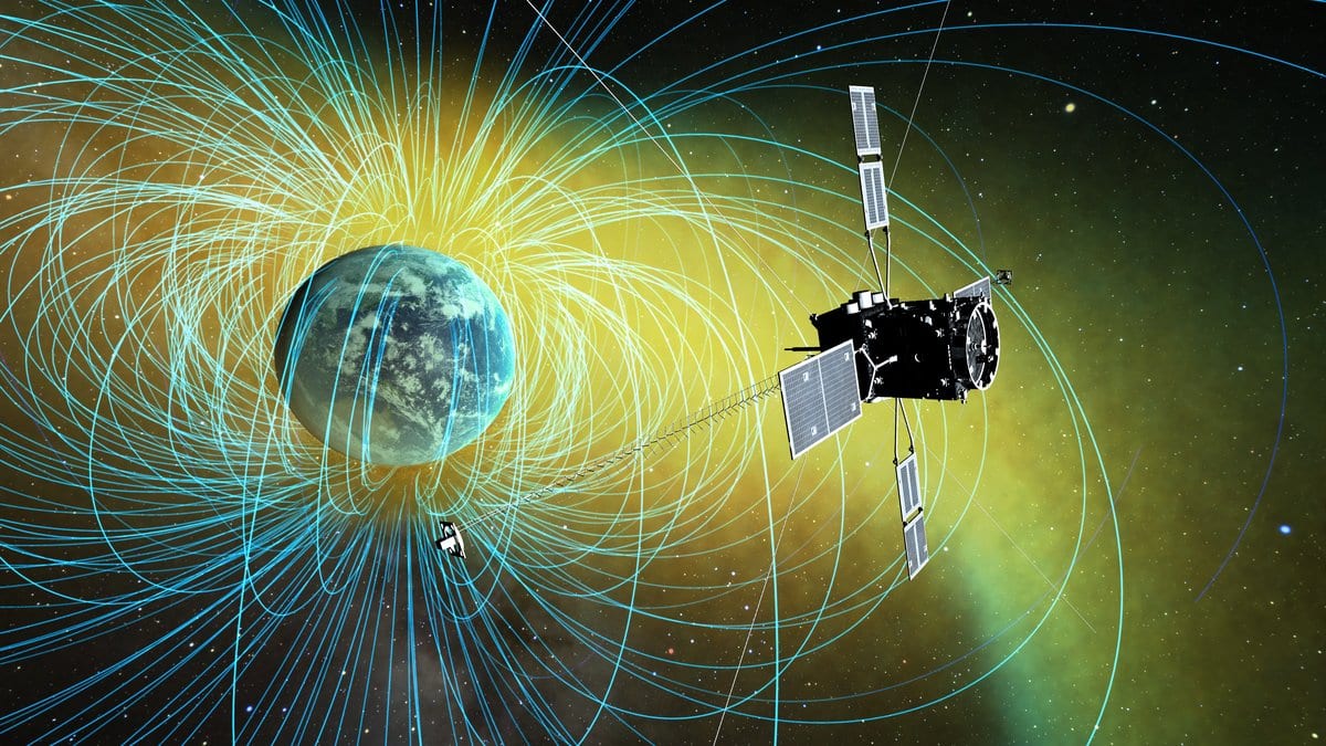 Artist rendering of the Arase spacecraft flying above Earth, surrounded by looping blue and yellow magnetic field lines.