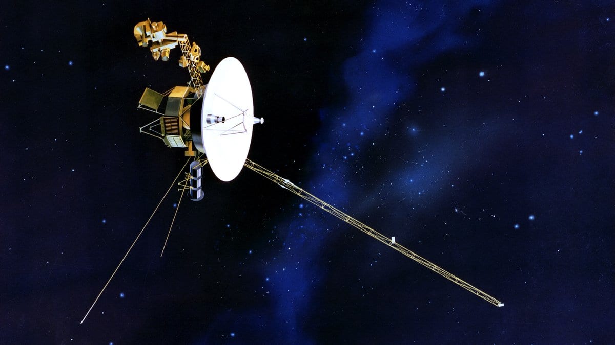 Illustration of a Voyager spacecraft with its dish antenna and long booms against a star field.
