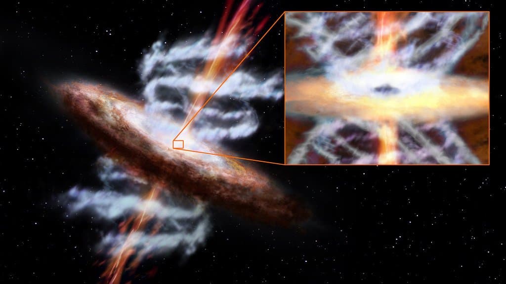 NASA artist rendering of a supermassive black hole surrounded by a glowing accretion disk with outflowing jets