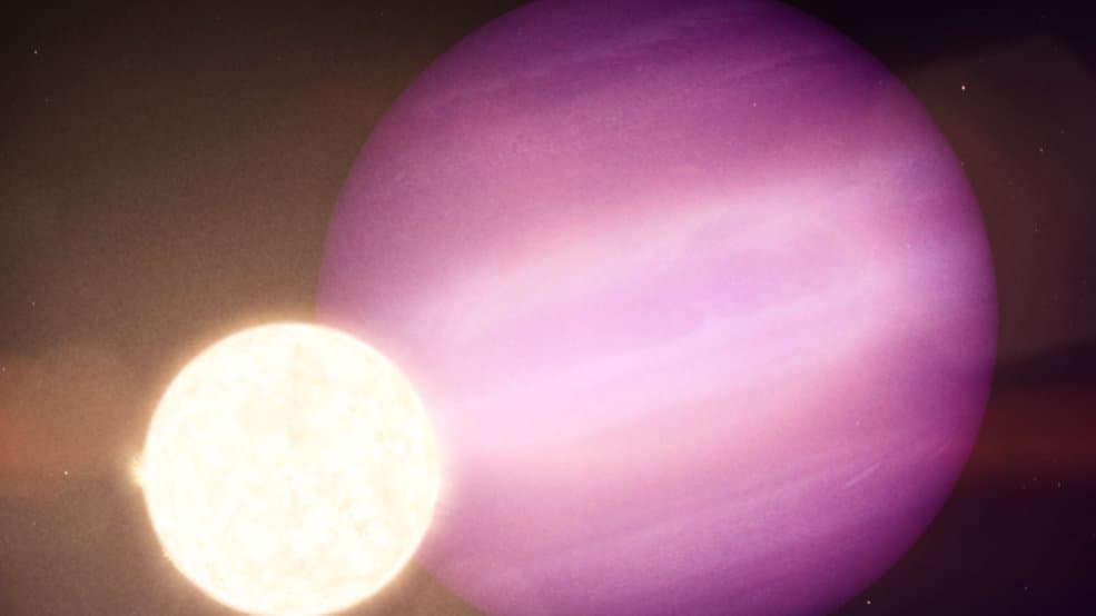 Artist's illustration of a Jupiter-sized planet closely orbiting a small, dim white dwarf star