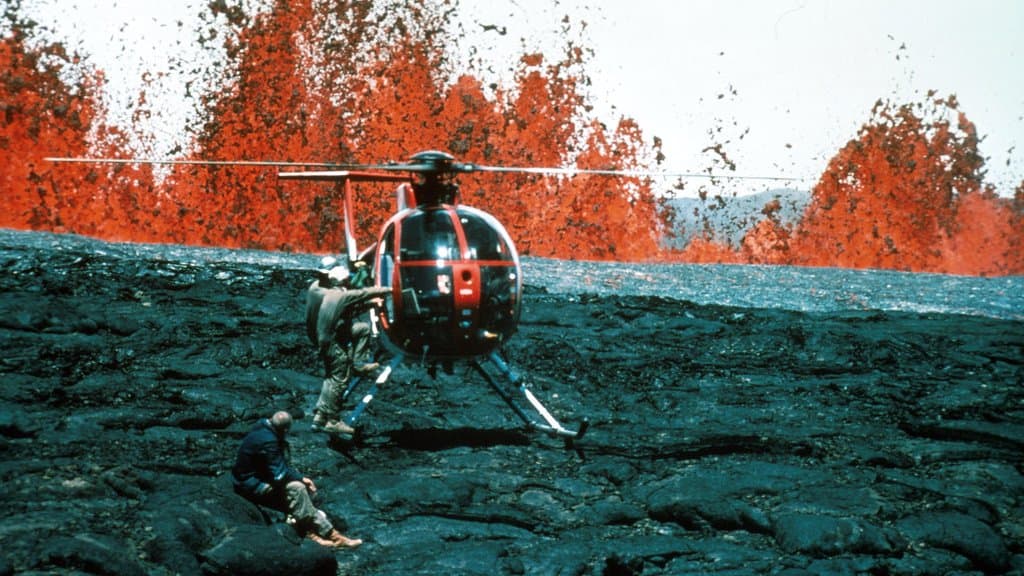 Lava flows erupting from Mauna Loa, a large Hawaiian shield volcano fed by the Hawaiian mantle hotspot