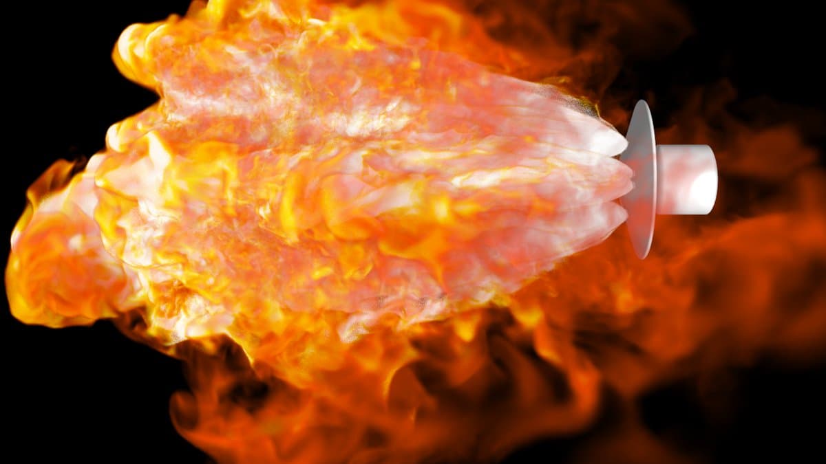 A supercomputer computational-fluid-dynamics visualization showing swirling flow fields around a descending vehicle.