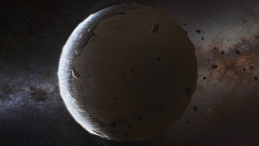 An artist's illustration of a star surrounded by a disrupted planet and debris.