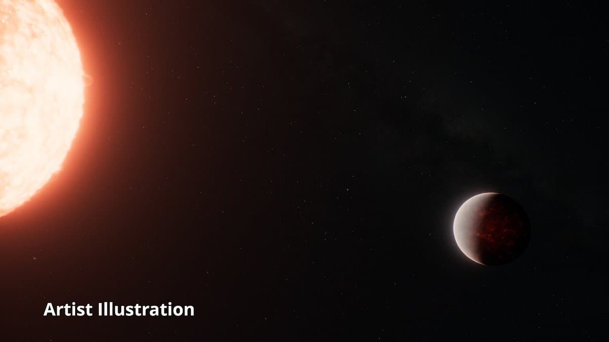 Artist's illustration of a small rocky planet with a glowing red molten face and a hazy limb, close beside a large orange star in a starfield. The words Artist Illustration appear in the lower left.