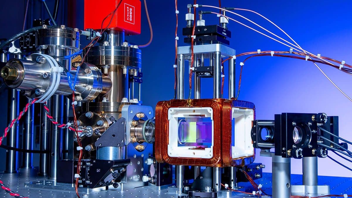 A vacuum chamber wrapped in copper coils sits on an optical table, ringed by lenses, mirrors, steel vacuum flanges and red and blue cabling under blue lighting.