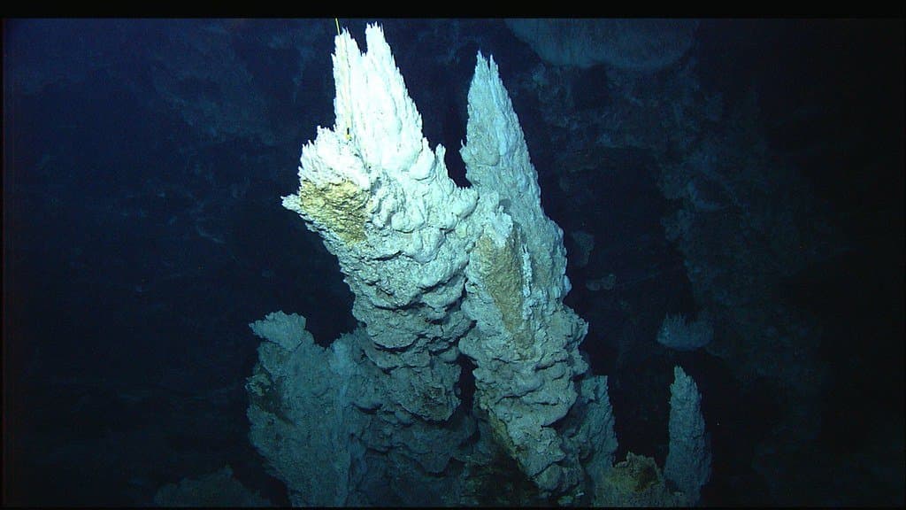 Two tall white carbonate spires rising from the dark seafloor at the Lost City hydrothermal field.