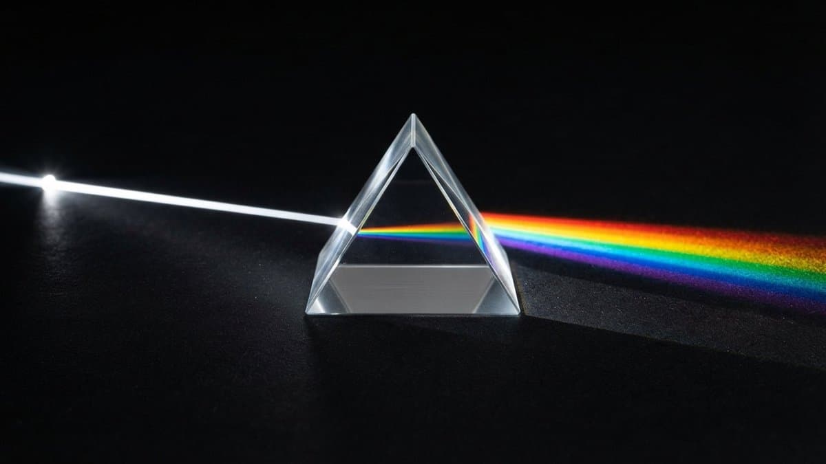 A narrow beam of white light enters a triangular glass prism on a black background and leaves it as a broad band of rainbow colors.