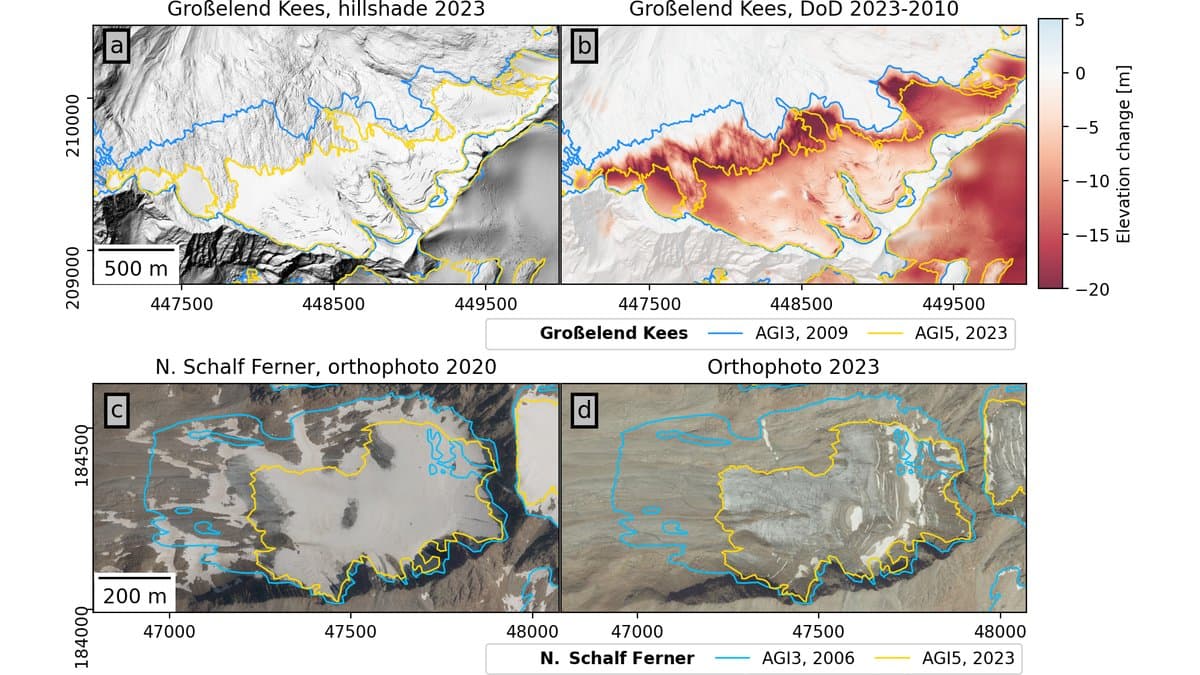 Four-panel figure: a hillshade and an elevation-change map of Grosselend Kees, and two aerial orthophotos of Noerdlicher Schalf Ferner, each overlaid with a larger blue earlier glacier outline and a smaller yellow 2023 outline.