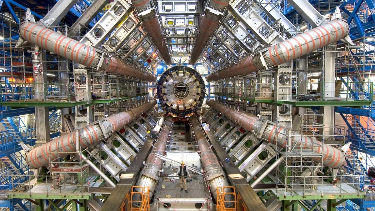 The ATLAS detector at CERN seen end on, with eight barrel toroid magnets radiating around the central beam pipe.