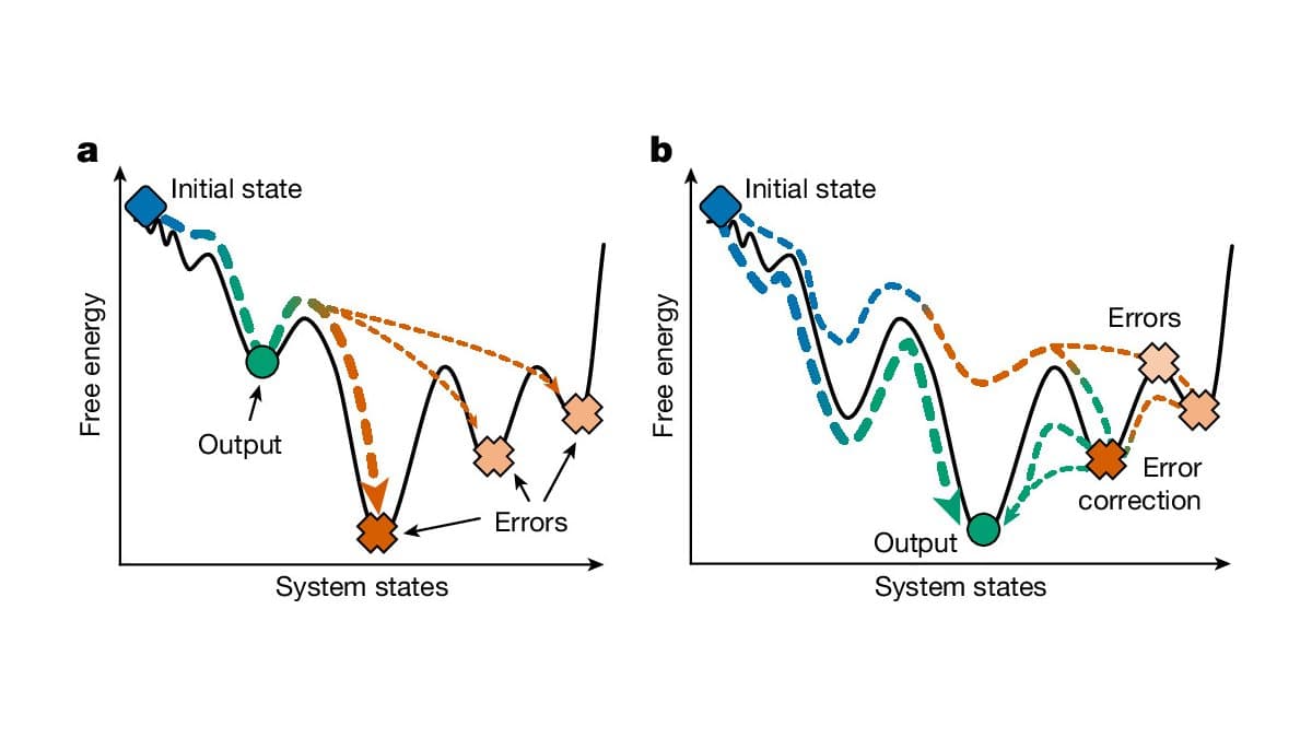 Two line charts of free energy against system states. At left, a classical molecular computer's intended output sits in a shallow well while deeper wells hold error states. At right, the thermodynamically favored design places the correct output in the deepest well.