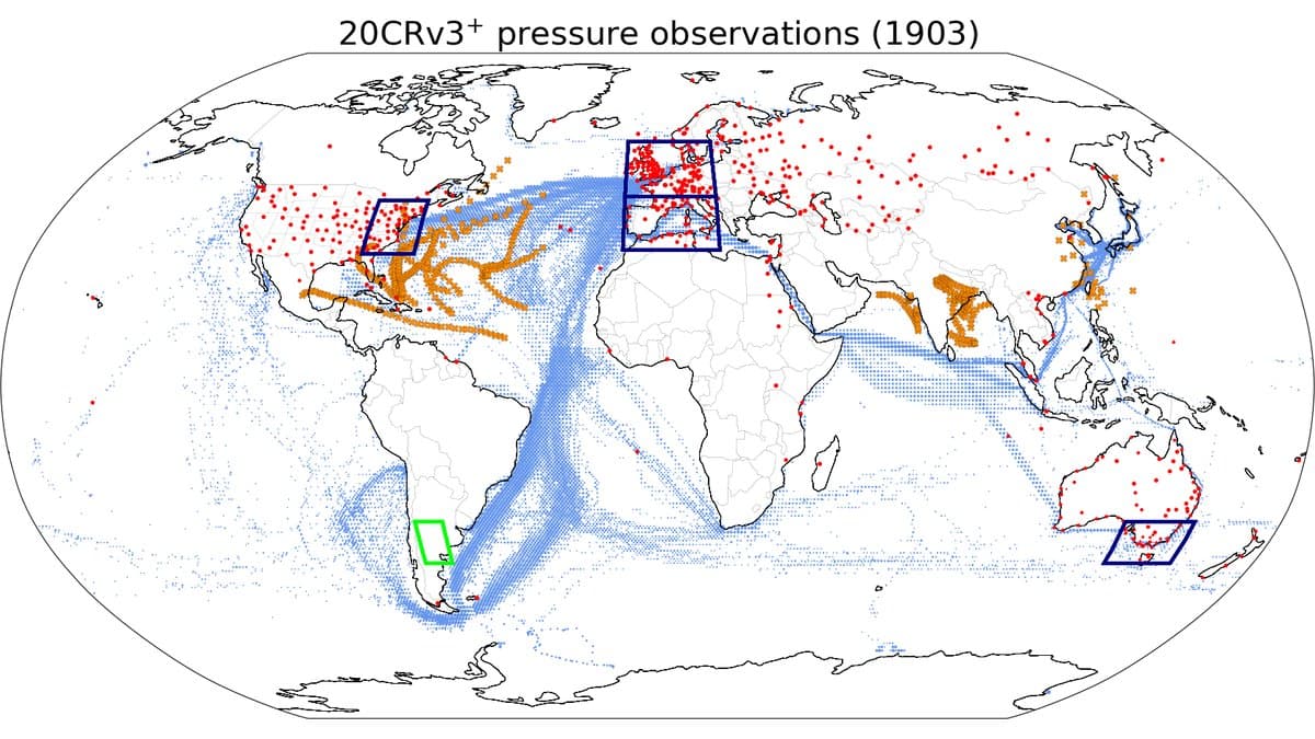 World map of the air pressure observations available for 1903: red dots at land stations, dense blue dots along ocean shipping lanes, orange crosses on tropical cyclone tracks, and four boxed analysis regions.