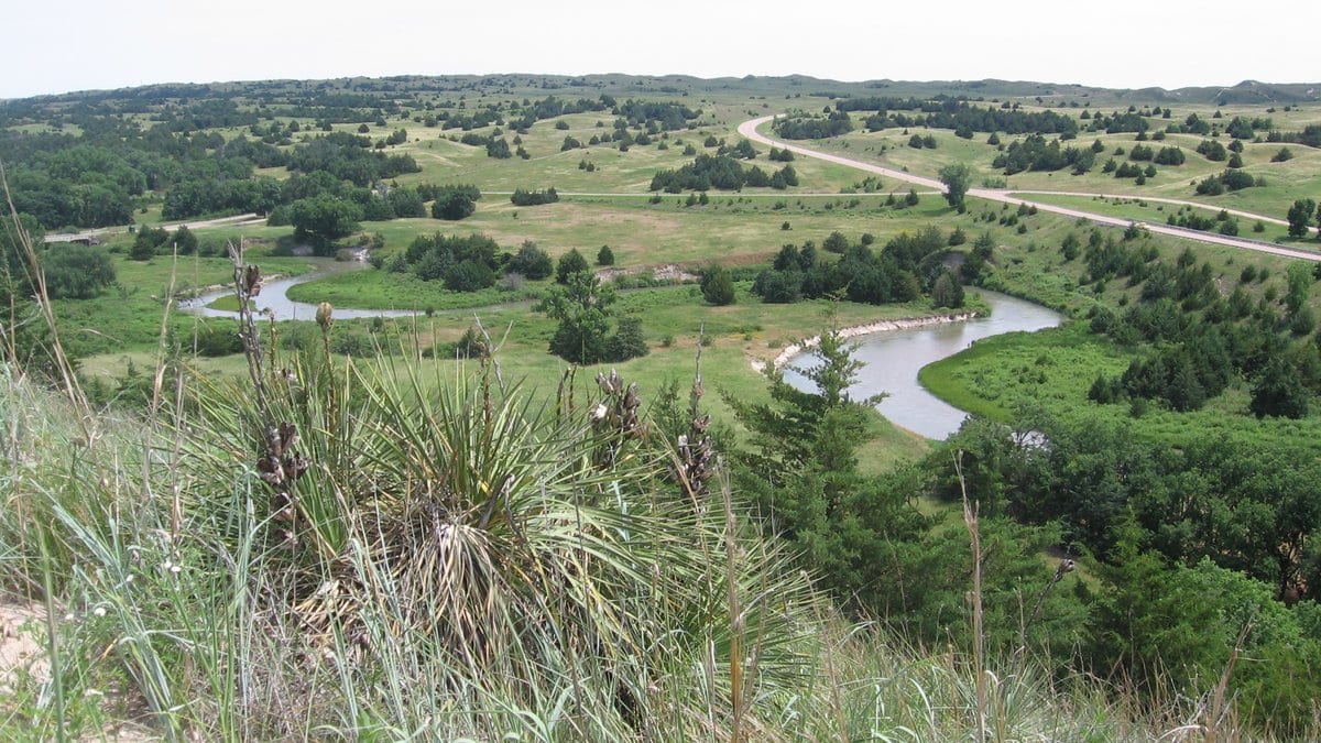 Rolling grass-covered dunes in the Nebraska Sandhills, with a river meandering through green meadows under a pale sky.
