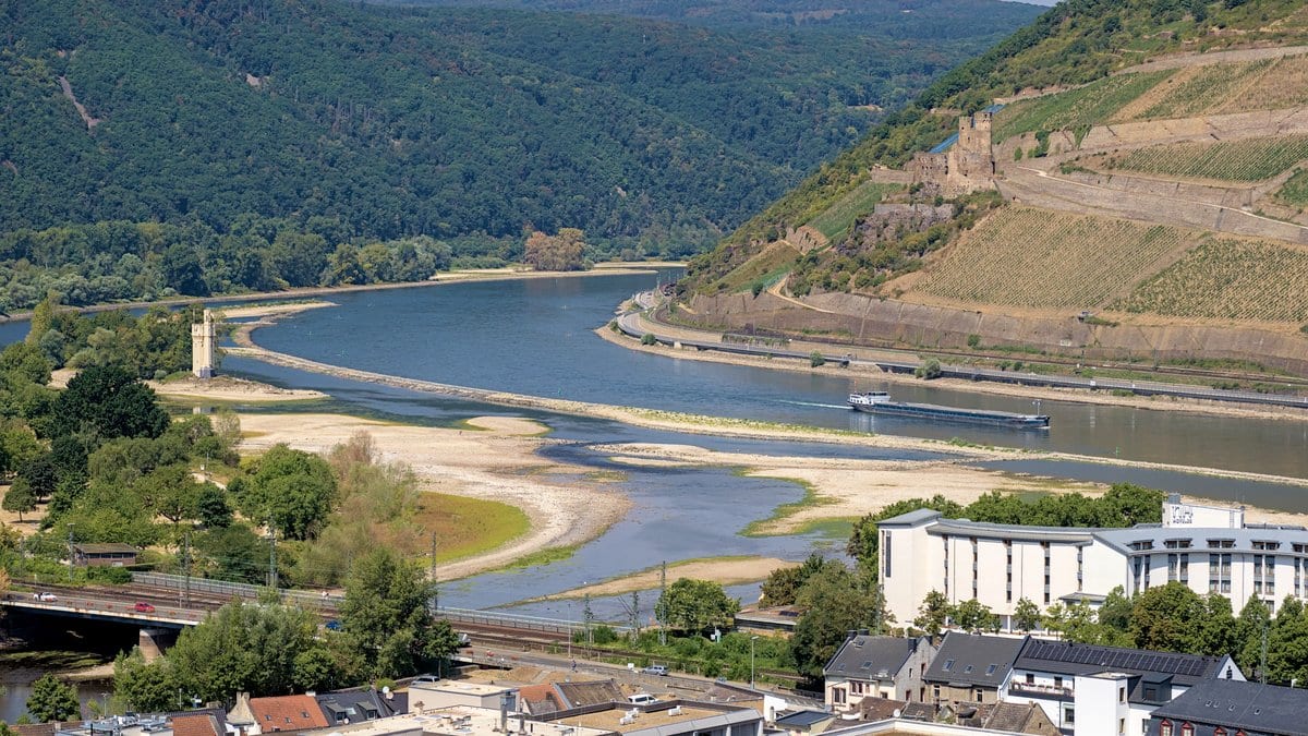 An aerial view of the Rhine at Bingen, Germany, with wide pale sandbars exposed in the riverbed and a cargo vessel moving along a narrowed channel.