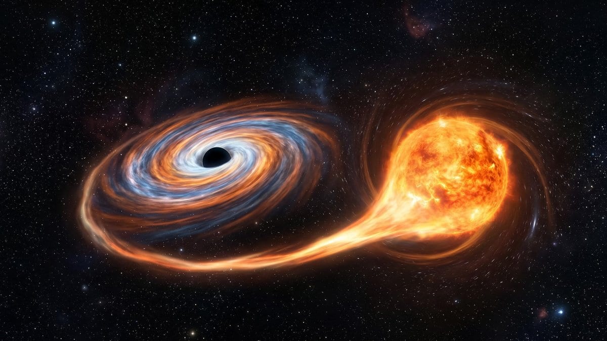 Illustration of a black hole drawing a glowing stream of gas off a nearby star, with the gas settling into a bright orange and blue accretion disk around the black hole.