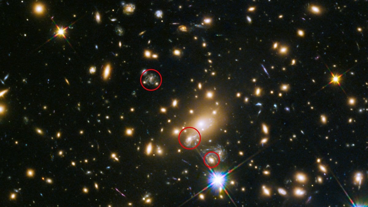 A deep view of a galaxy cluster, with three small red circles marking separate points where the light of one exploding star arrived at different times.