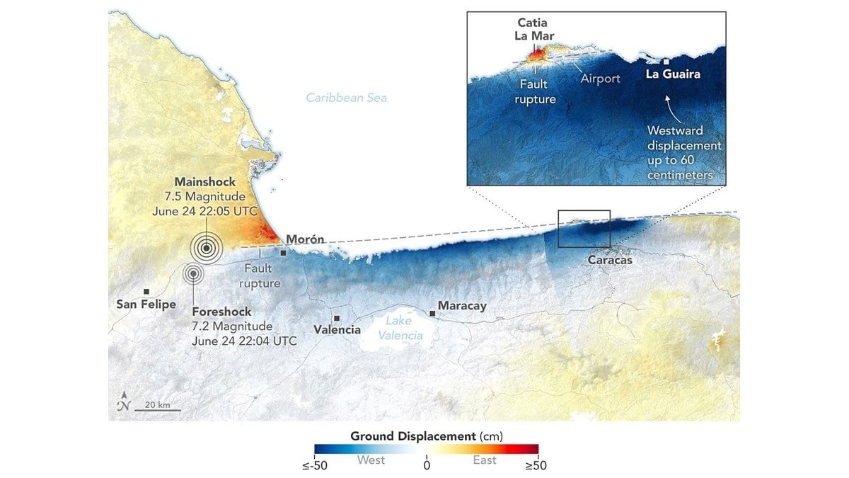 Satellite radar map of northern Venezuela shading the coast blue where the ground moved west and orange where it moved east, with labeled foreshock and mainshock epicenters near Moron and an inset at Catia La Mar.