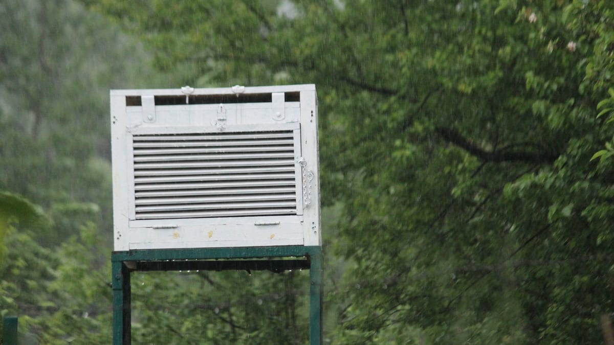 A white louvred instrument screen on a green metal stand in front of wet green trees, falling rain showing as faint streaks